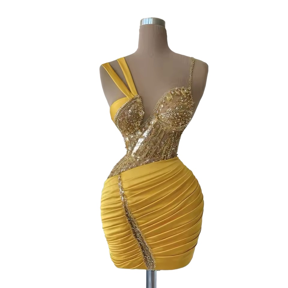 Chic Yellow Sheath Cocktail Dress Spaghetti Crystals Sequined Satin Illusion Short Mini Graduation Homecoming Dresses For Special Occasions Sweetheart