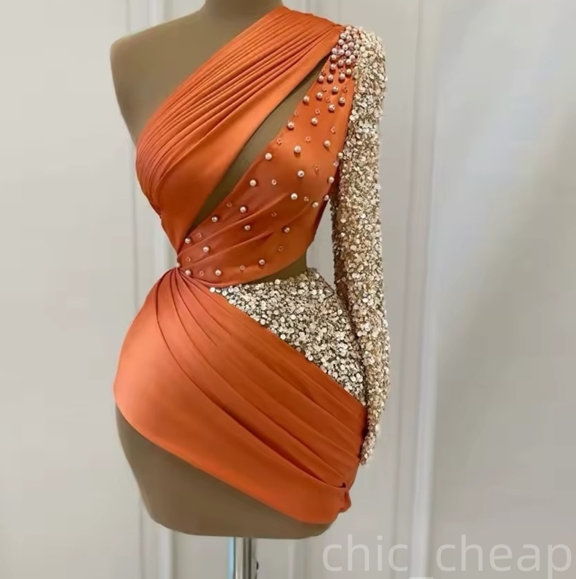 Chic Orange Sheath Cocktail Dress One Shoulder Beaded Satin Sequined Short Mini Graduation Homecoming Dresses For Special Occasions Sweetheart Gowns