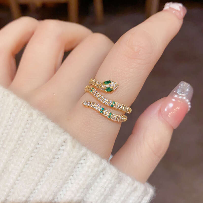 DHpet 2025 New Vintage Emerald Zircon Snake Open Ring - Thick 18K Gold Plated Copper, Minimalist Style, Sparkly Animal Design, Hanshi Dupin for Women 
