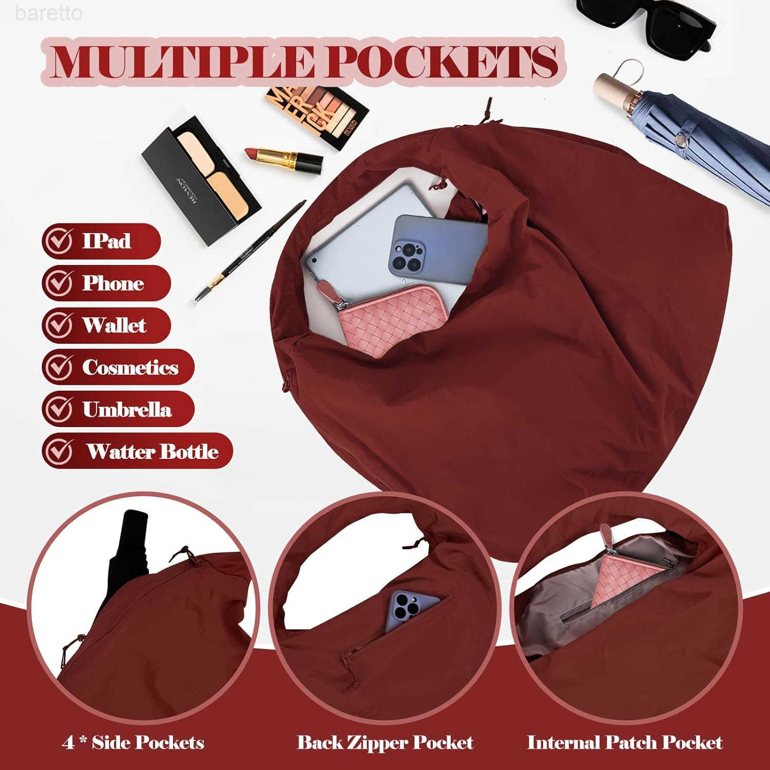 Tote Bag Multipockets Nylon Purse Large Hobo Bag for Women Solid Color Crescent Handbag M250903