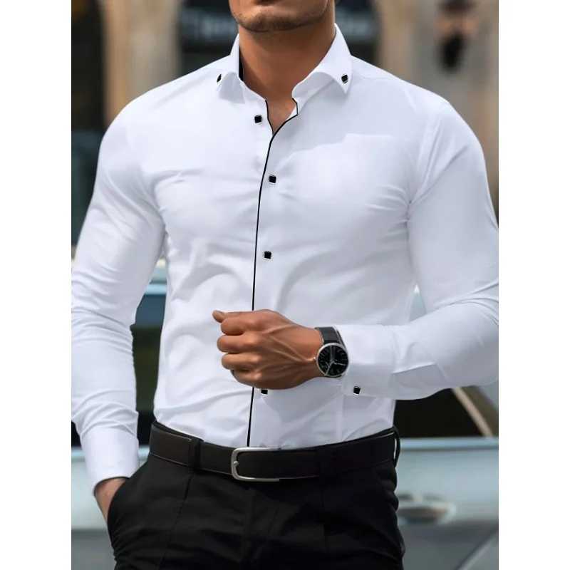 Brand New Men White Shirts Solid Color Long Sleeve Casual Business Elastic Male Dress Shirt X250903
