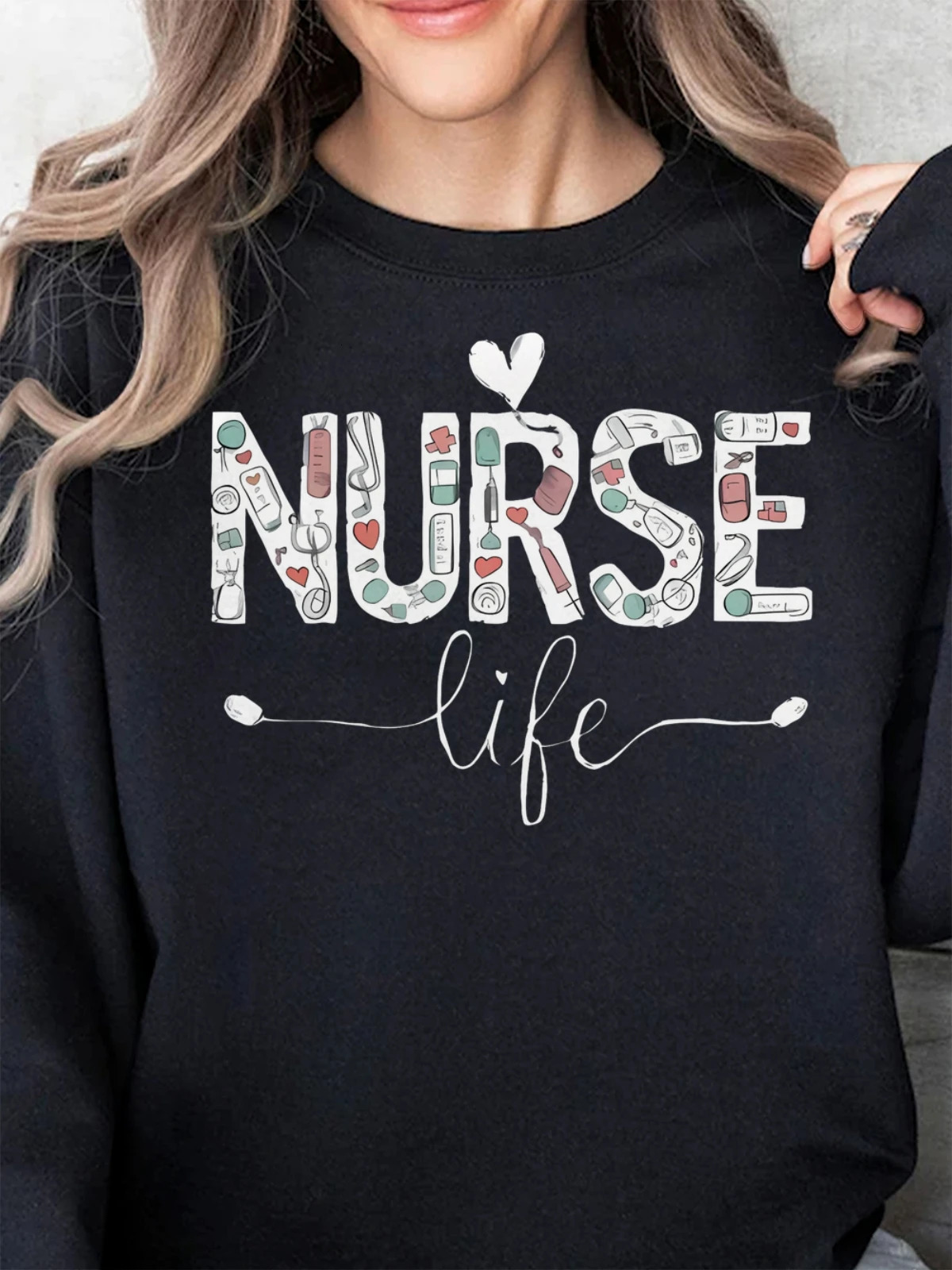 Fall Winter Plus Size Cotton Crew Neck Sweatshirt Women Nurse Life Print Oversized Hoodie Crew Neck Long Sleeved Casual Tops 250902