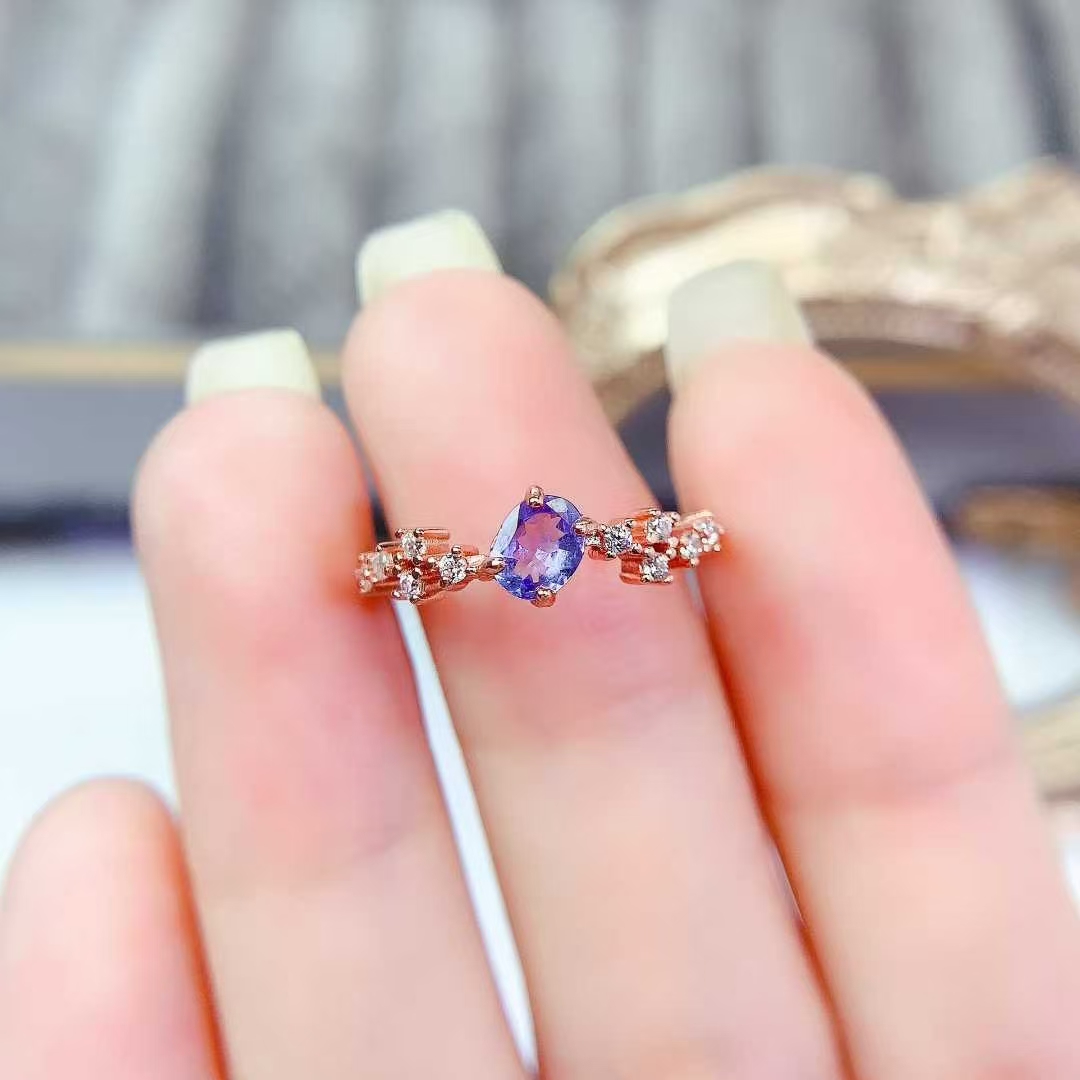 Cute 925 silver gemstone ring natural tanzanite ring 4mm*5mm VVS grade tanzanite jewelry with 18K gold plating