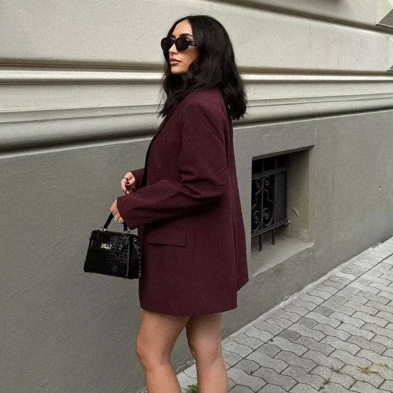 TRAF Womens Blazer Outerwears Office Wear Women Suit Jacket Autumn Long Sleeve Burgundy Blazers Formal Woman Minimalist Blazer 250903