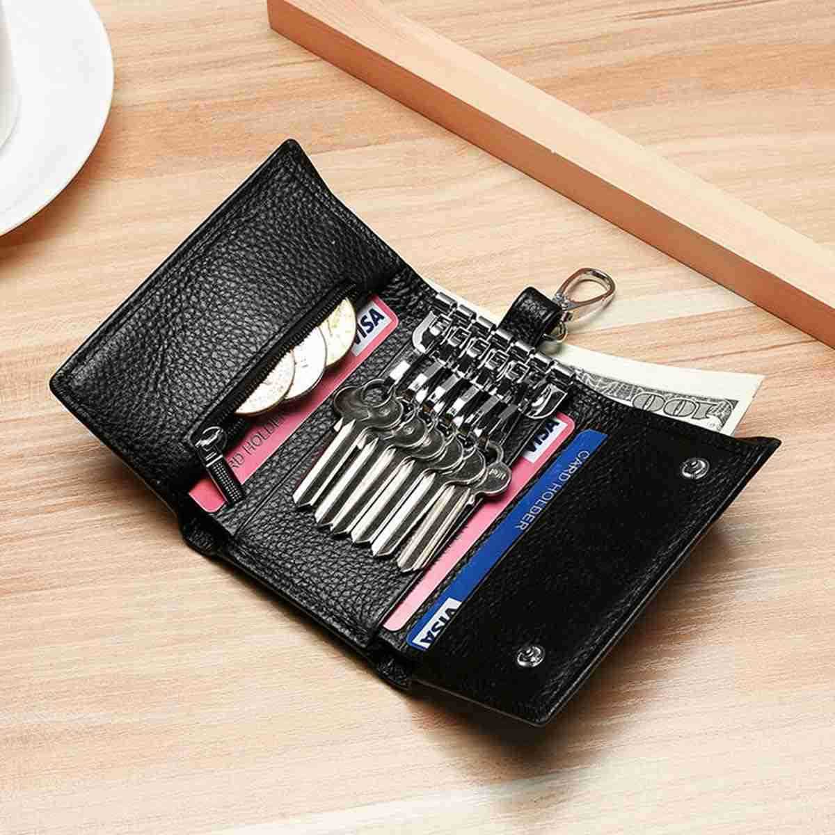 Leather Key Case Wallet Keychain Key Holder 6 Hanging Buckle Hooks Snap Closure M250904