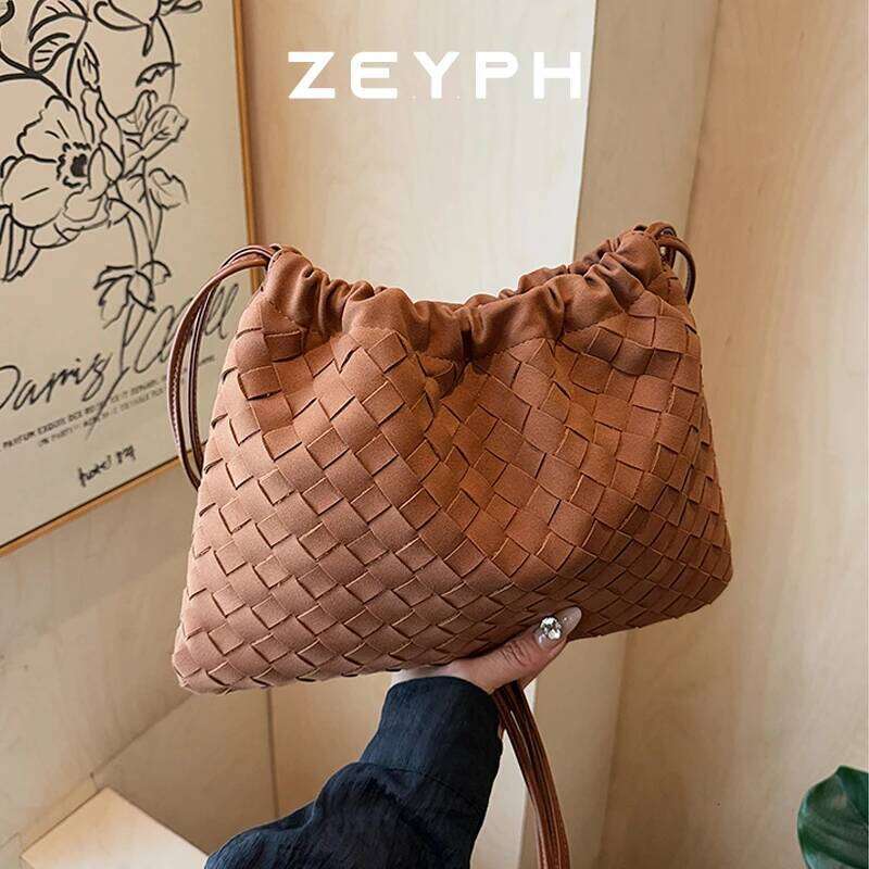 Zeyph Woven Drawstring Faux Suede Material Matte Feel Women S Autumn Winter Tote Shoulder Crossbody Bag