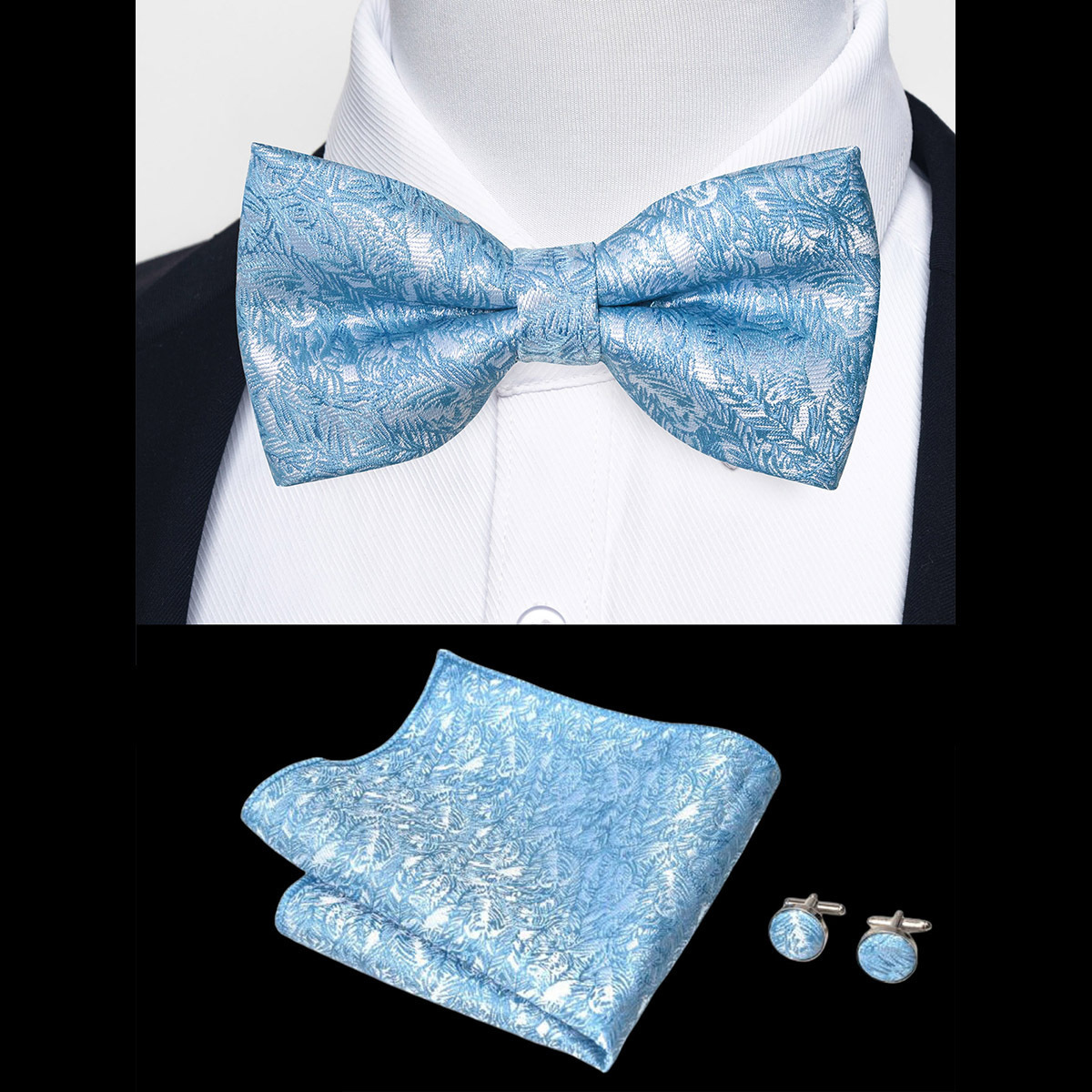 Hi-Tie Classic Black Bow Ties for Men 100% Silk Pre-Tied Bow Tie Pocket SqUAre Cufflinks Suit Set Floral Gold Bowties 220506