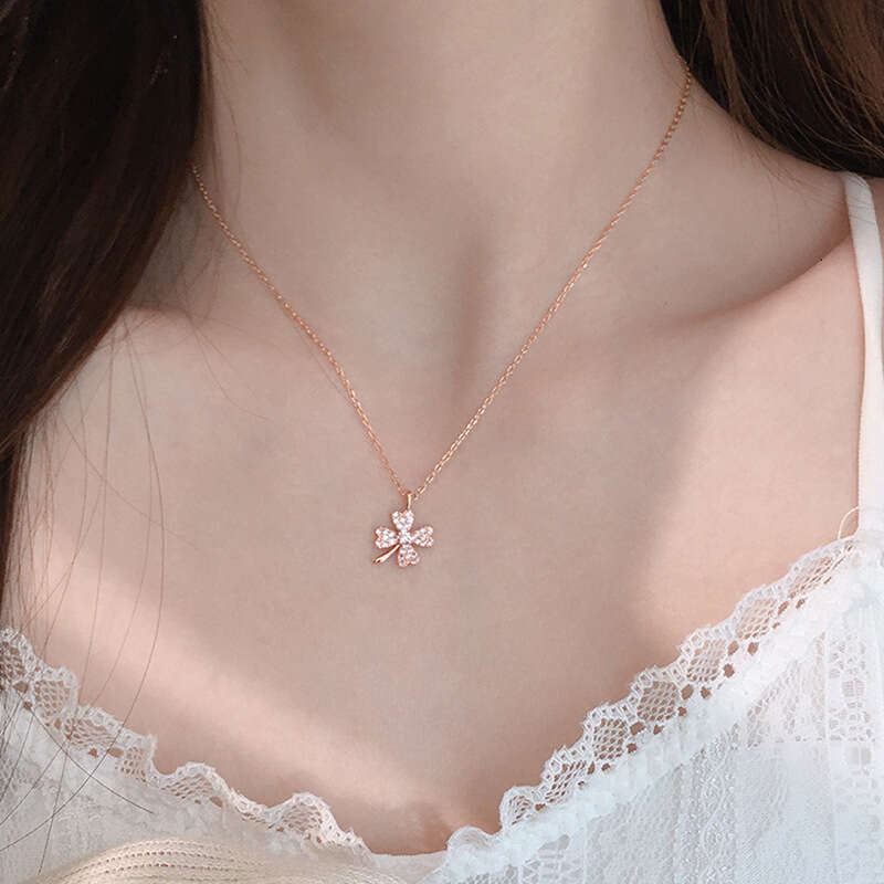 DHpet 2025 Clover Element Necklace for Women, Korean Style Dainty Collarbone Chain, Sparkling Diamond Pendant, 21-50cm Cross Chain, Zhenlu XL062 (Rose