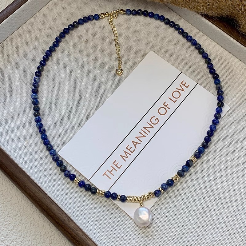 Baroque Button Freshwater Pearl Lapis Lazuli Necklace for Women Elegant Internet Celebrity Klein Blue Glitter Fashion Collarbone Chain