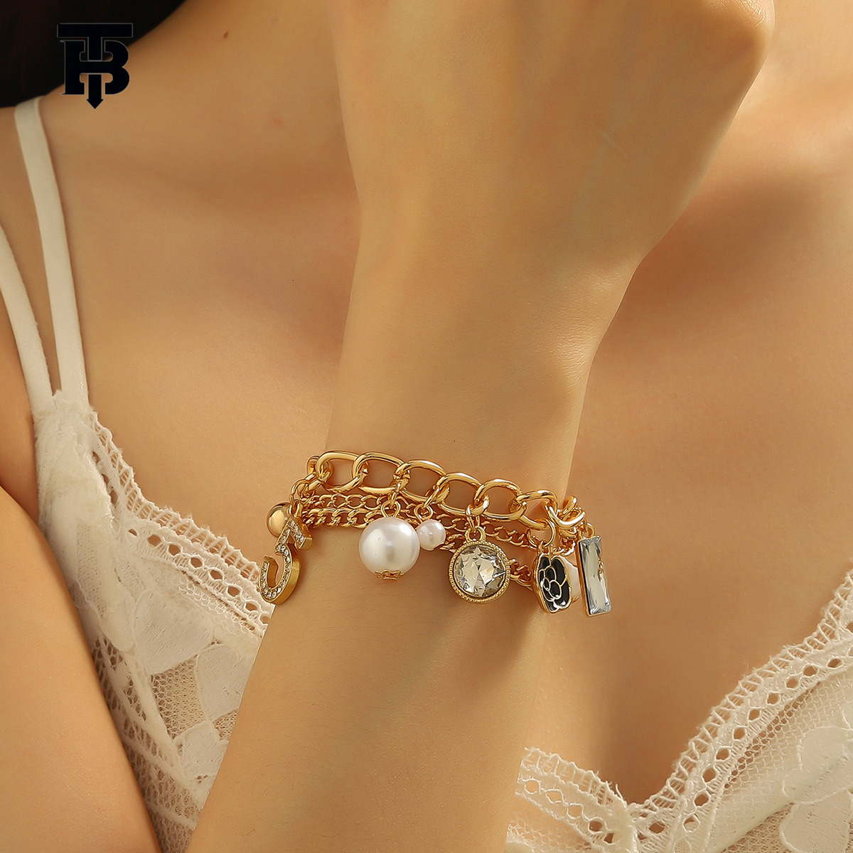 TB BHULAMTE Designer Lady Korean Multi-layer Bracelet Alloy Small Flower Inlaid Diamond Pendant, 5-character European And American Style Metal Chain B