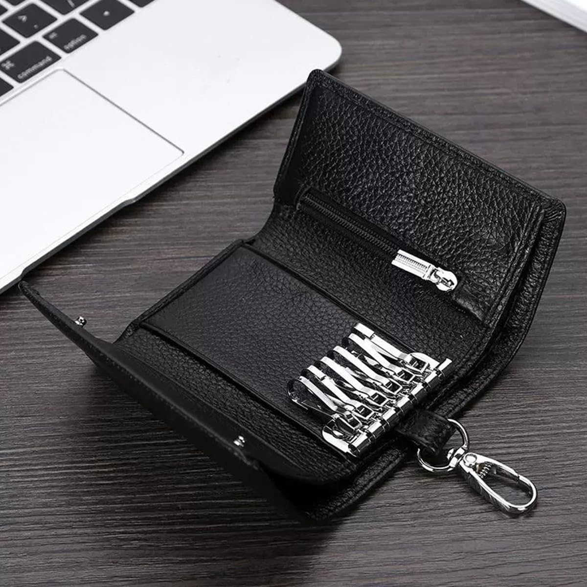 Leather Key Case Wallet Keychain Key Holder 6 Hanging Buckle Hooks Snap Closure M250904