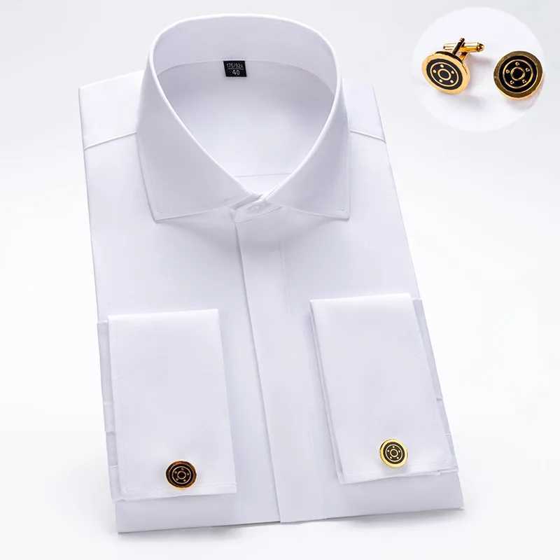Windsor Collar French Cuff Dress Shirt Fashion Mens Long Sleeve Luxury Business Formal Shirts Covered Button Cufflink Shirt X250903