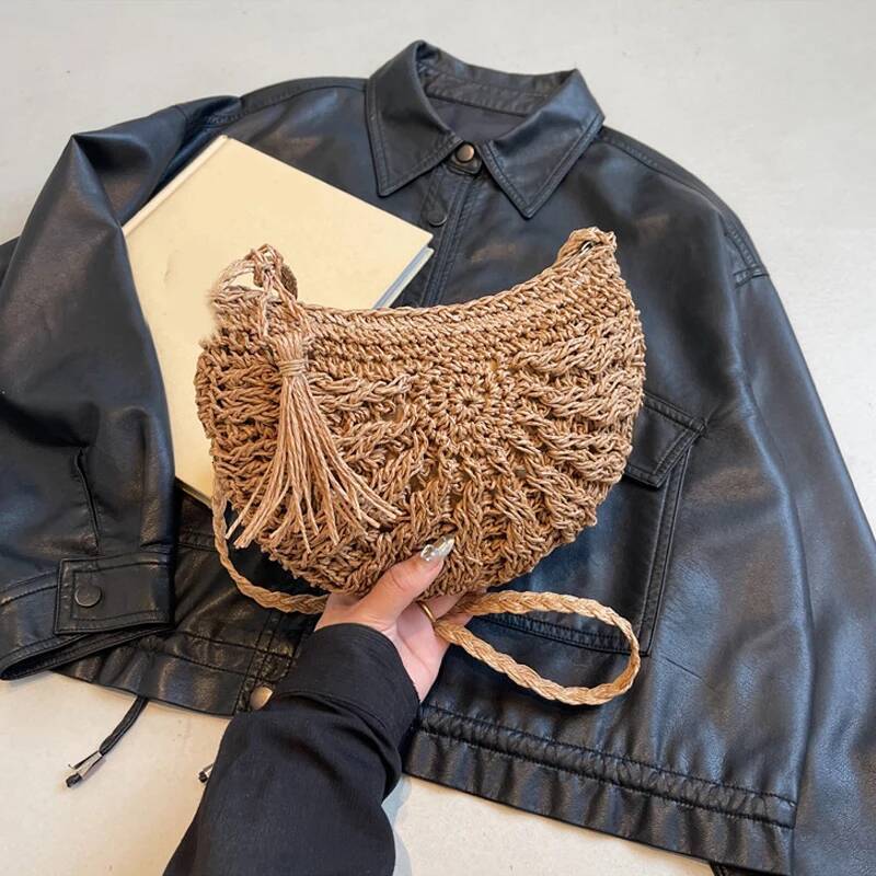 Luxury Handbag Half Round Straw For Women Summer Beach Rattan Shoulder Bag Zipper Woven Crossbody Handbags Bohemia Vacation Handbag