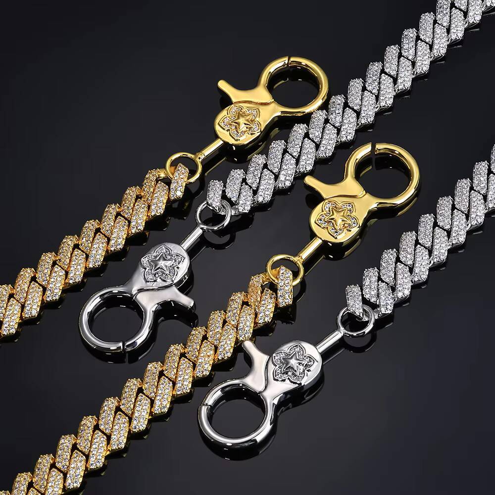 NUOYA 14mm Iced Out Diamond Cuban Chain Prong Link Pants Chain Hip Hop Fashion Jewelry Gold Plated Gift for Men Women