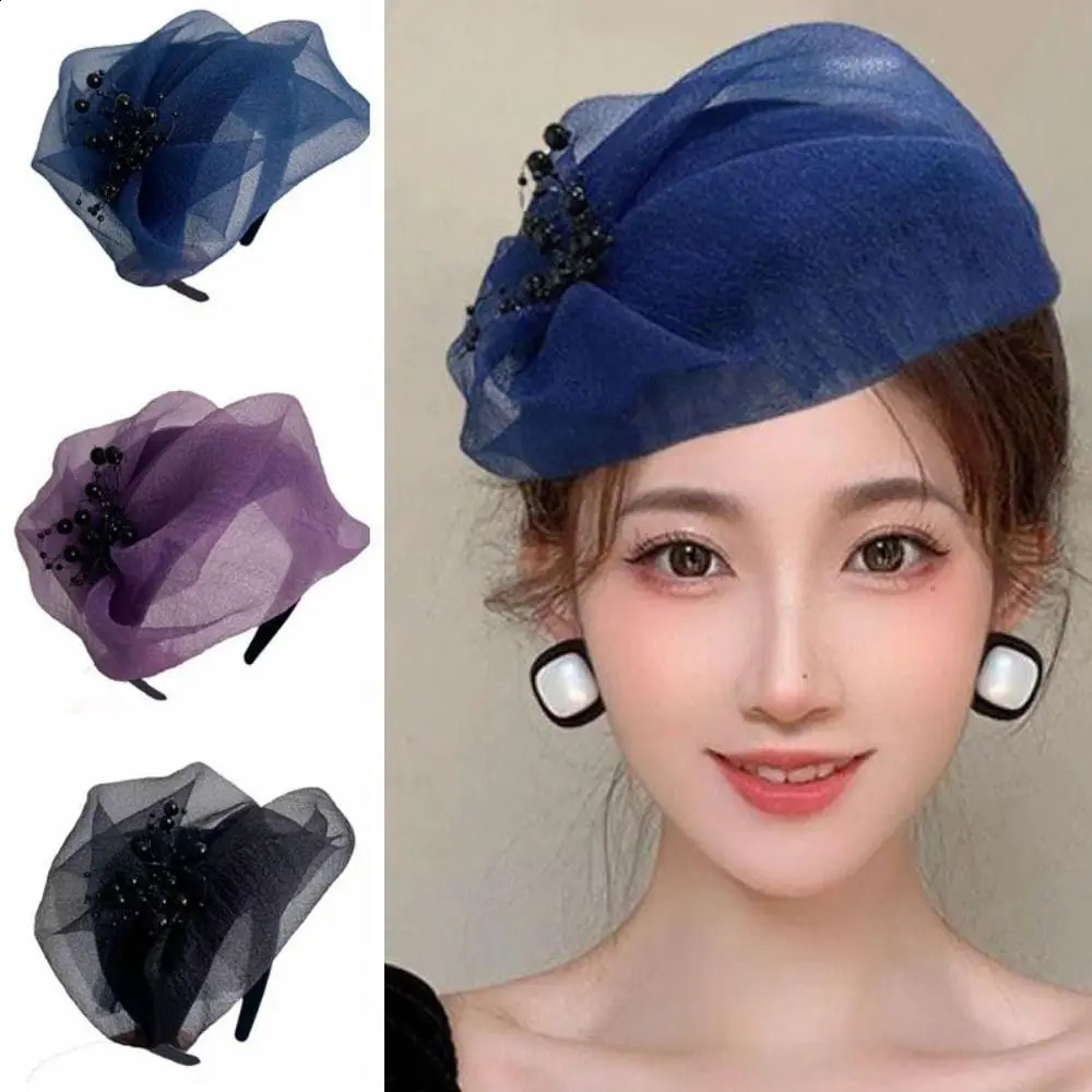 French Beaded Mesh Hairband Elegant Fashion Mesh Veil Fascinator Hat Bead Yarn Half Hat Dinner Party Hairband Hair Accessories 250903