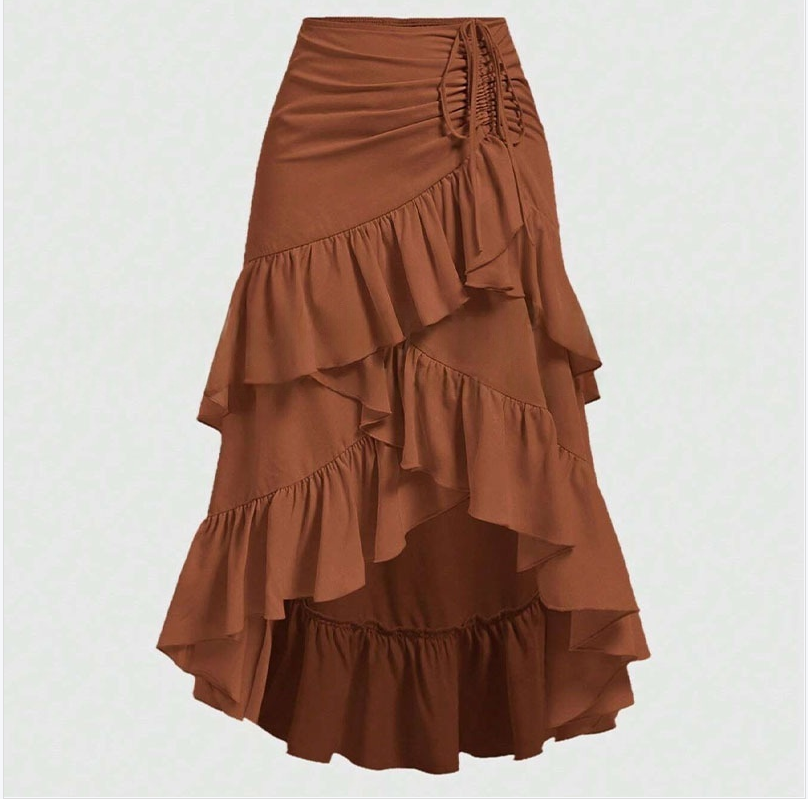 Skirts HOBBY Women's Skirt High Low Ruffled Gabardine Maxi Vintage Satin Khaki Female Clothing Fashion Week Long Skirt