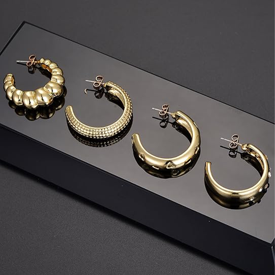 5 Pairs Chunky Hoops Earrings Thick Open Hoop Lightweight Hollow Earrings for Women Trendy Jewelry Gold Tone