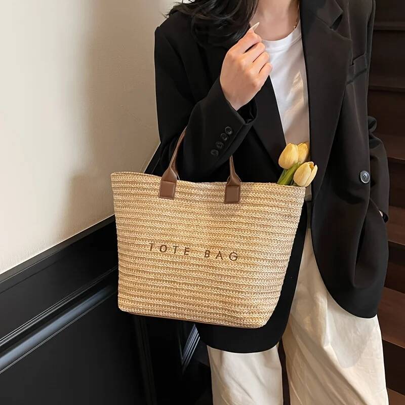 Luxury Handbag Handheld Large Capacity Commuting Letter Embroidered Women's Fashionable Casual Grass Woven Tote Bag, Handbag Handbag