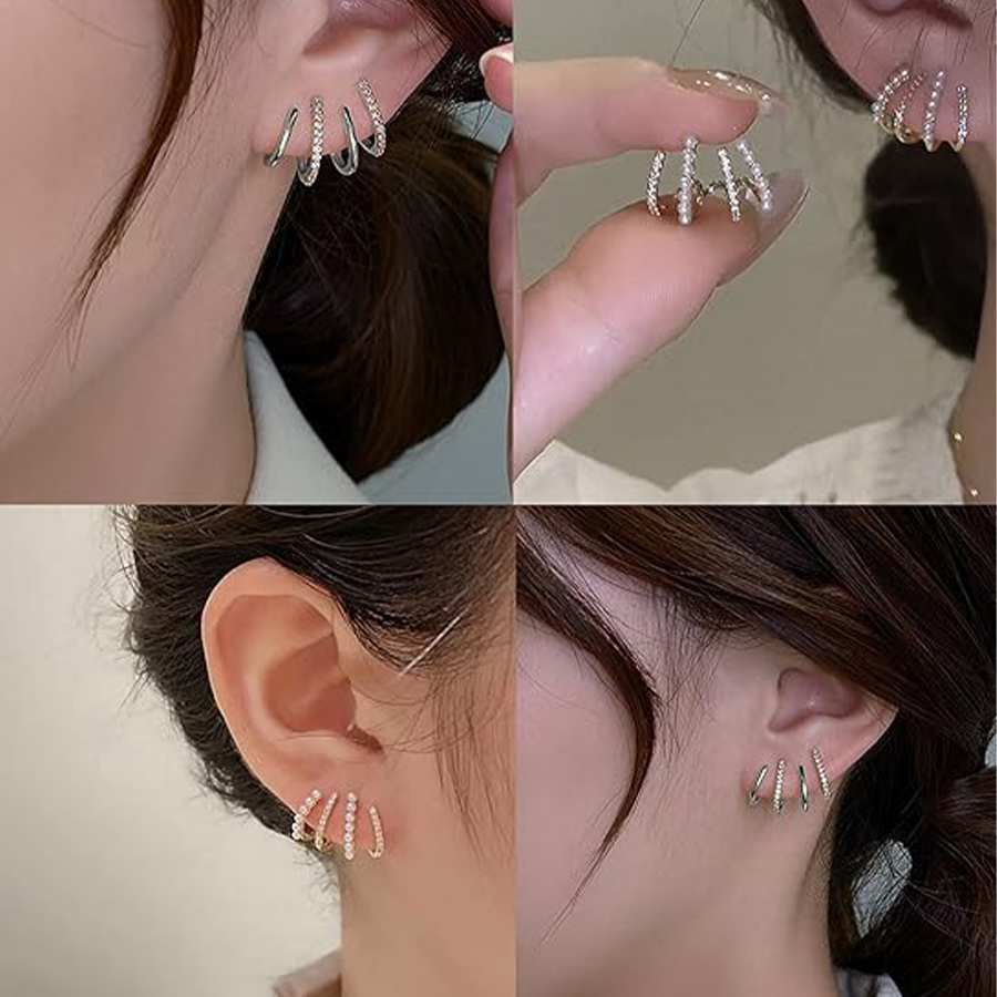 4 Pairs Claw Ear Cuffs Zircon Pierced Needle Stud Earrings Minimalist Ear Wrap Butterfly Pearl Piercing Claw Earrings for Women Silver Tone