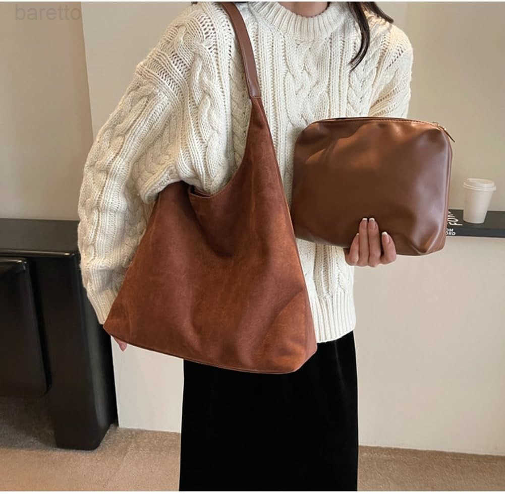 2 Pcs Slouchy Hobo Bag Women Suede Crescent Satchels Shoulder Bag Crossbody Purse Tophandle College Tote Handbag 2025 M250903
