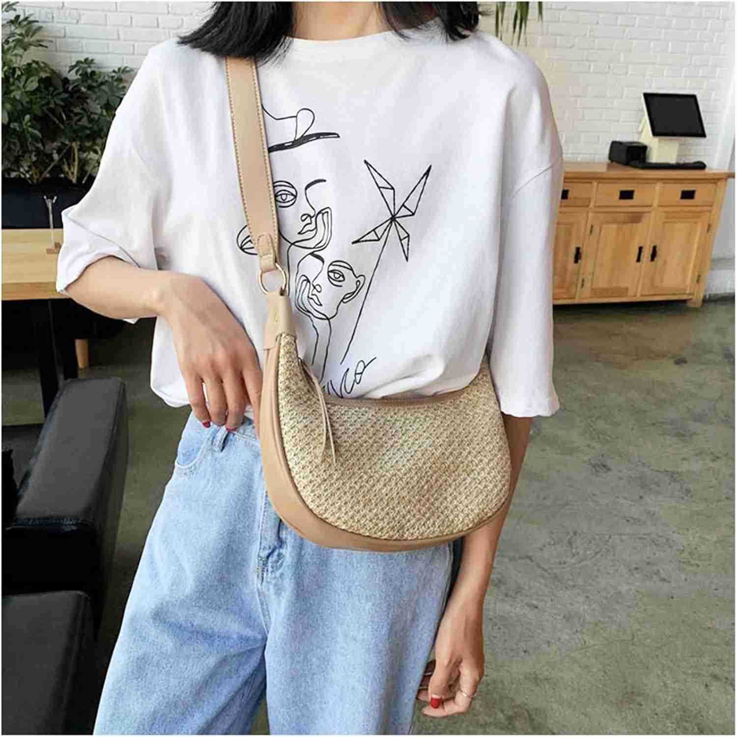 Straw Beach Shoulder Bags for Women Cute Small Crescent Tote Mini Clutch Purse Underarm Vacation Handbag Summer Straw Purse M250903