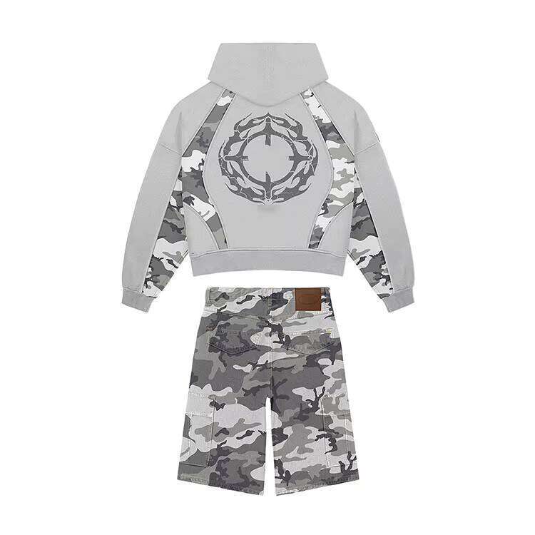 Men's Graphic Camouflage Tracksuit 2-Piece Oversized Zipper Hoodie Cargo Shorts Set Clothing Manufacturer