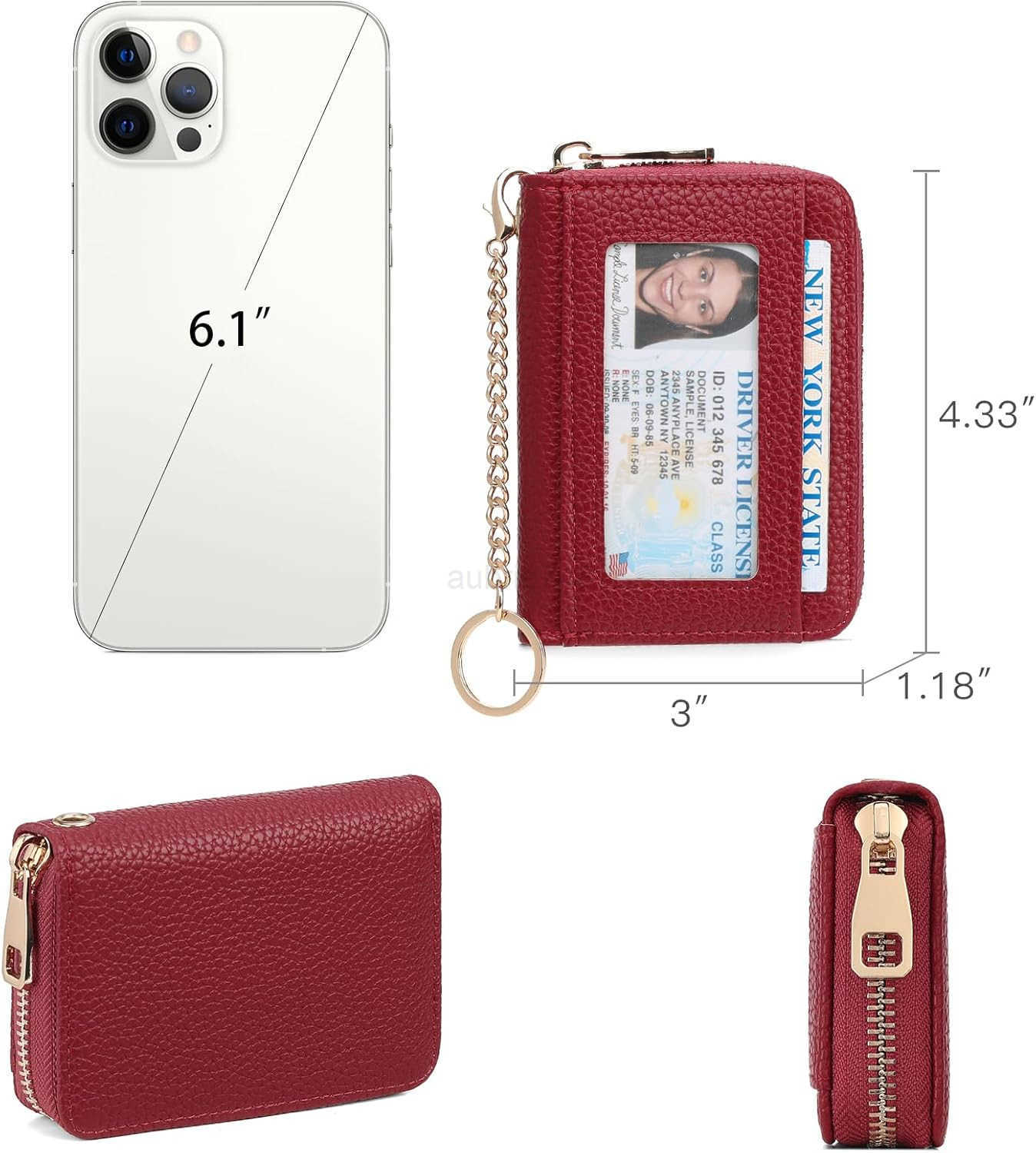 Small CARD Holder for Women RFID Blocking Leather Keychain Wallet with ID Window M250903