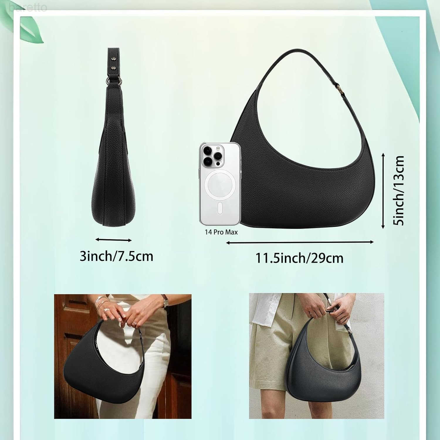 Womens Small Black Leather Shoulder Bag Trendy Lightweight Handbag for WomenStylish Crescent Purse M250903