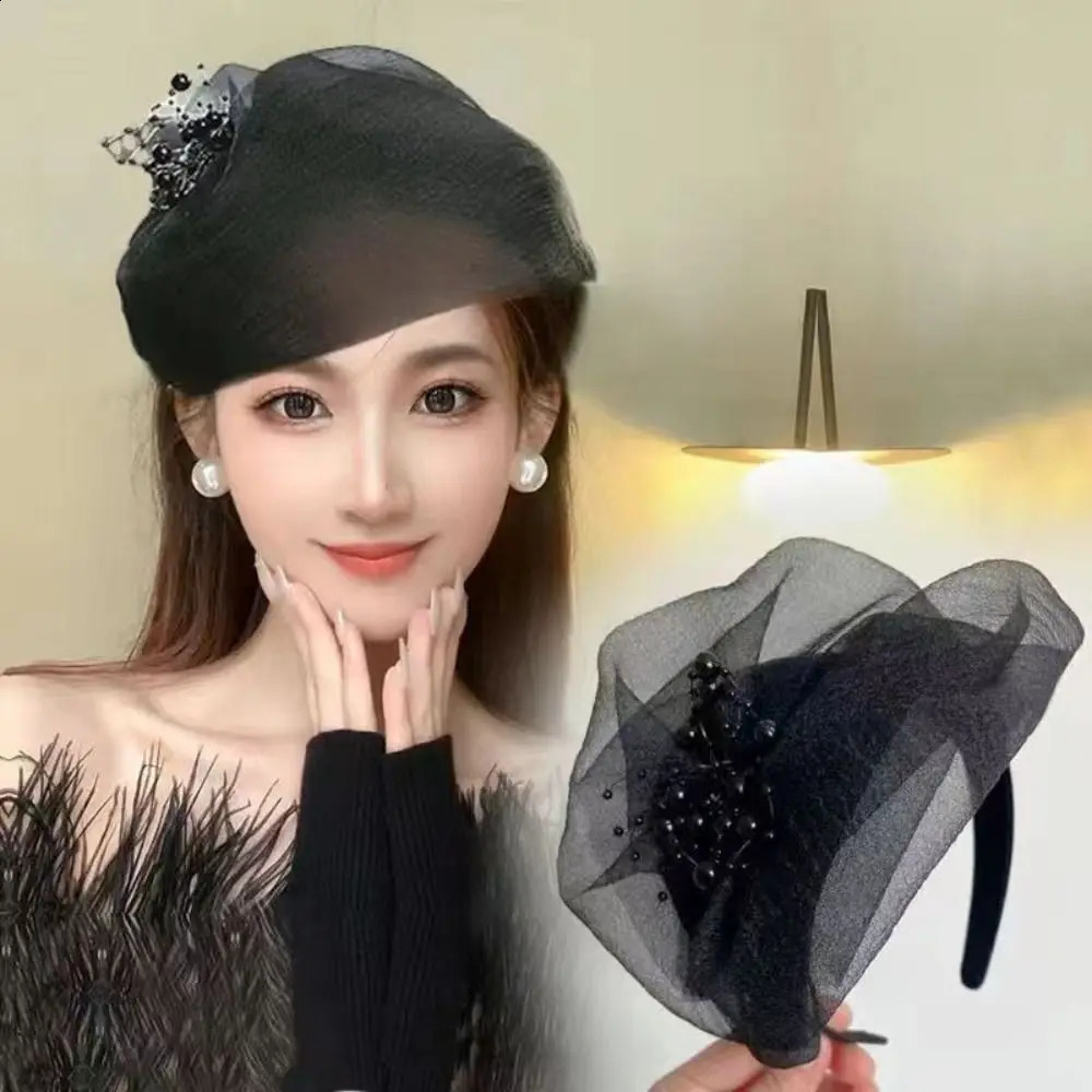 French Beaded Mesh Hairband Elegant Fashion Mesh Veil Fascinator Hat Bead Yarn Half Hat Dinner Party Hairband Hair Accessories 250903