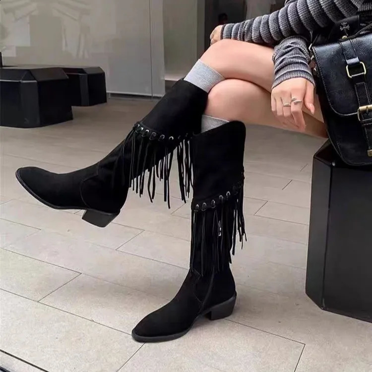 French Vintage Brown Leather Fringed Cowboy Boots Womens Maillard Boots Prairie Wear Knight Boots 250903