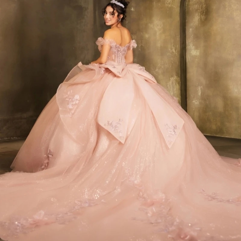 Pink Quinceanera Dresses Ball Gown Off The Shoulder Applique Flower Beads Tull Bow Party Birthday Sweet 16 Dress Vestidos 15 De Anos