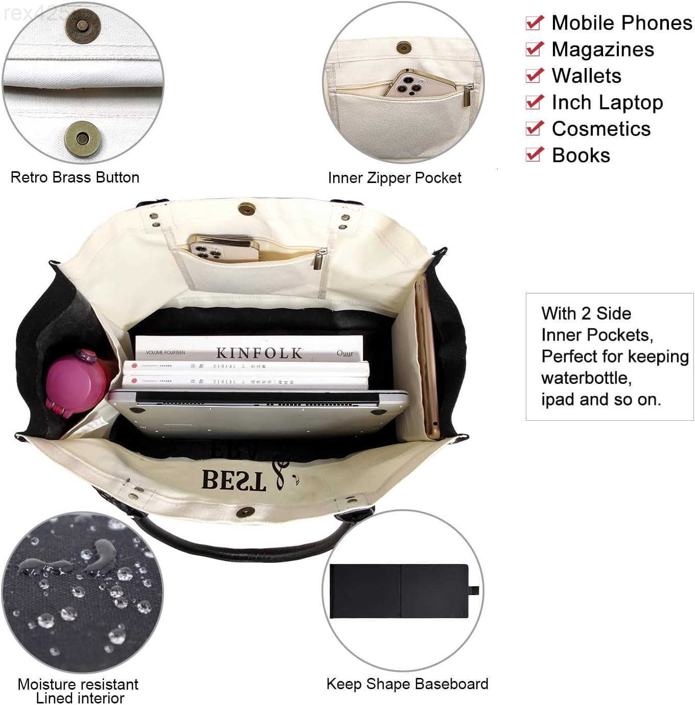 Birthday Gifts Personalized Womens Large White and Black Canvas Tote Bag Embroidered Initials Leather Handle Zipper ClosureW250903