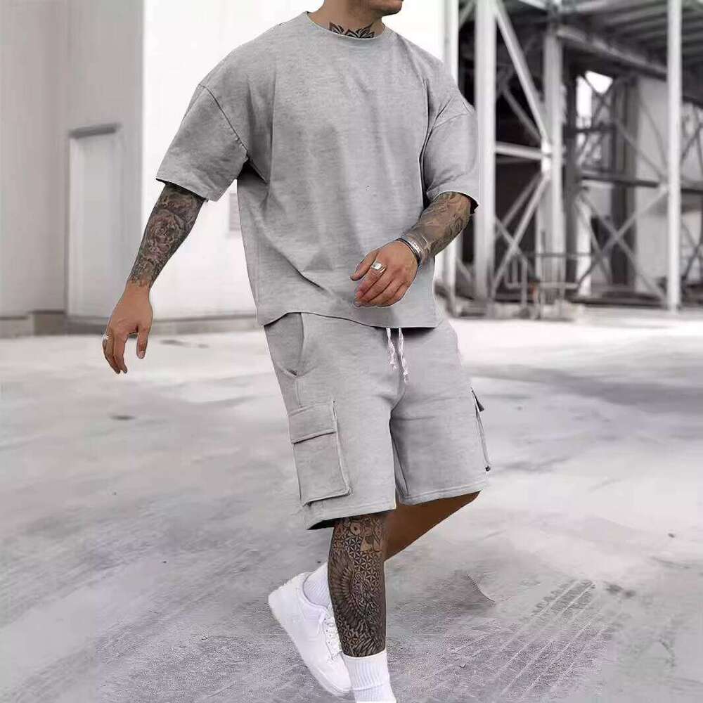 Clothing Round Neck Short Sleeve T-shirt Drawstring Pocket Shorts Set Men's Sportswear