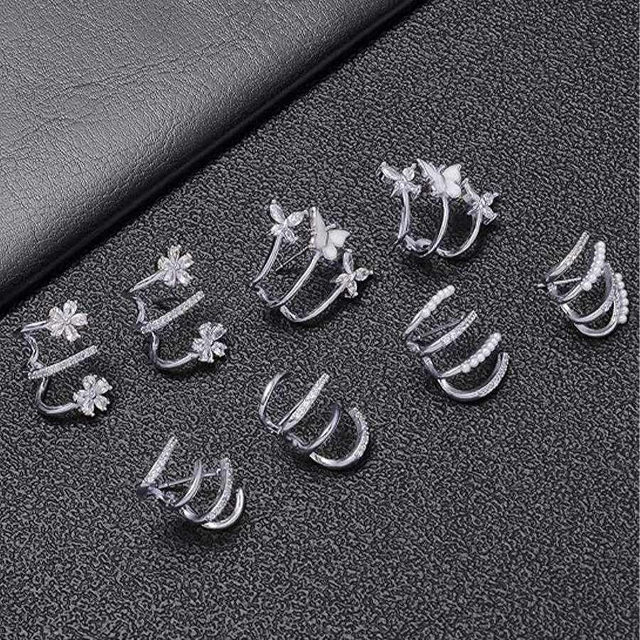 4 Pairs Claw Ear Cuffs Zircon Pierced Needle Stud Earrings Minimalist Ear Wrap Butterfly Pearl Piercing Claw Earrings for Women Silver Tone
