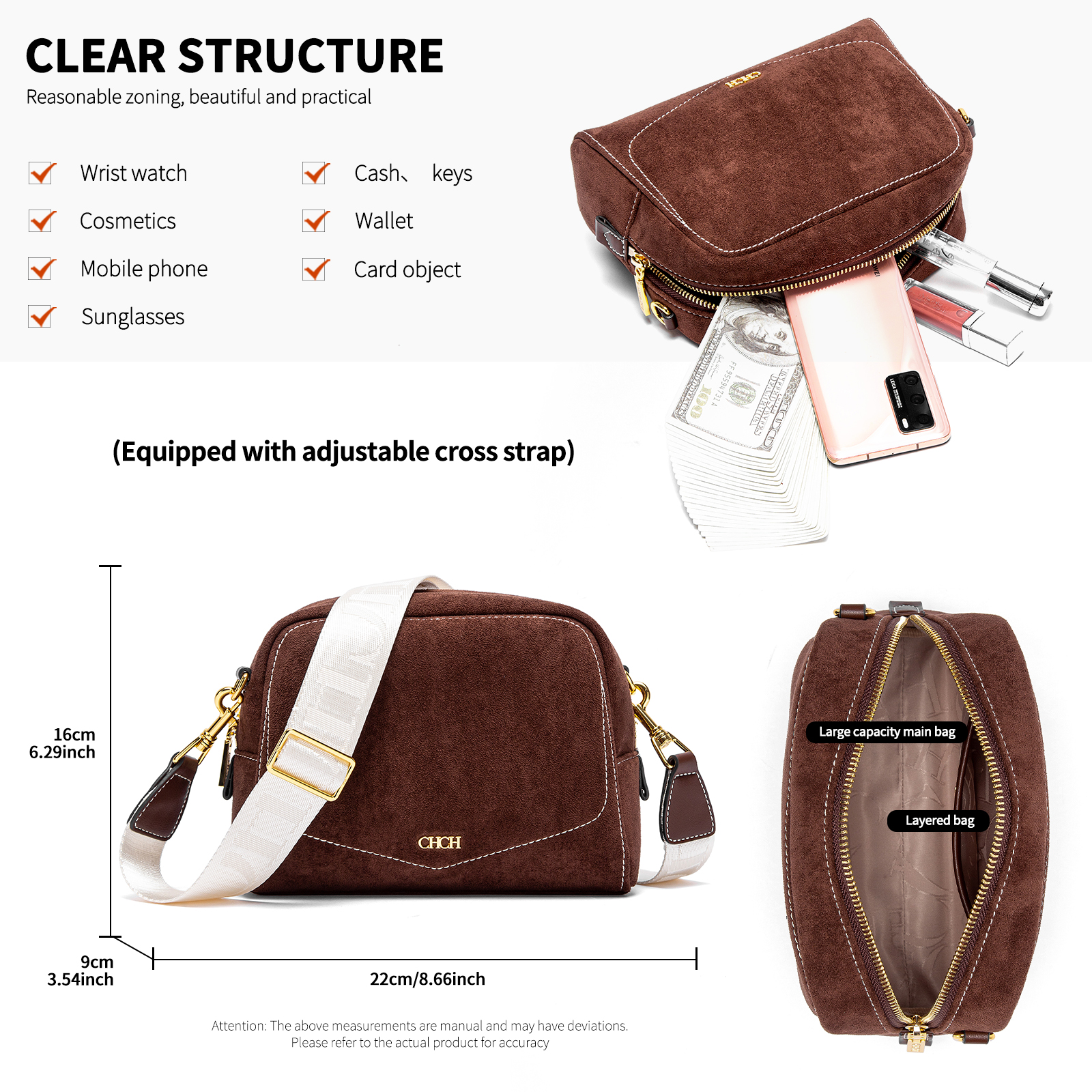 CHCH Classic Style Fashion Retro Women's Crossbody Bag Autumn and Winter New Women's Shoulder Bag Pure Colour Simple Fine Workmanship