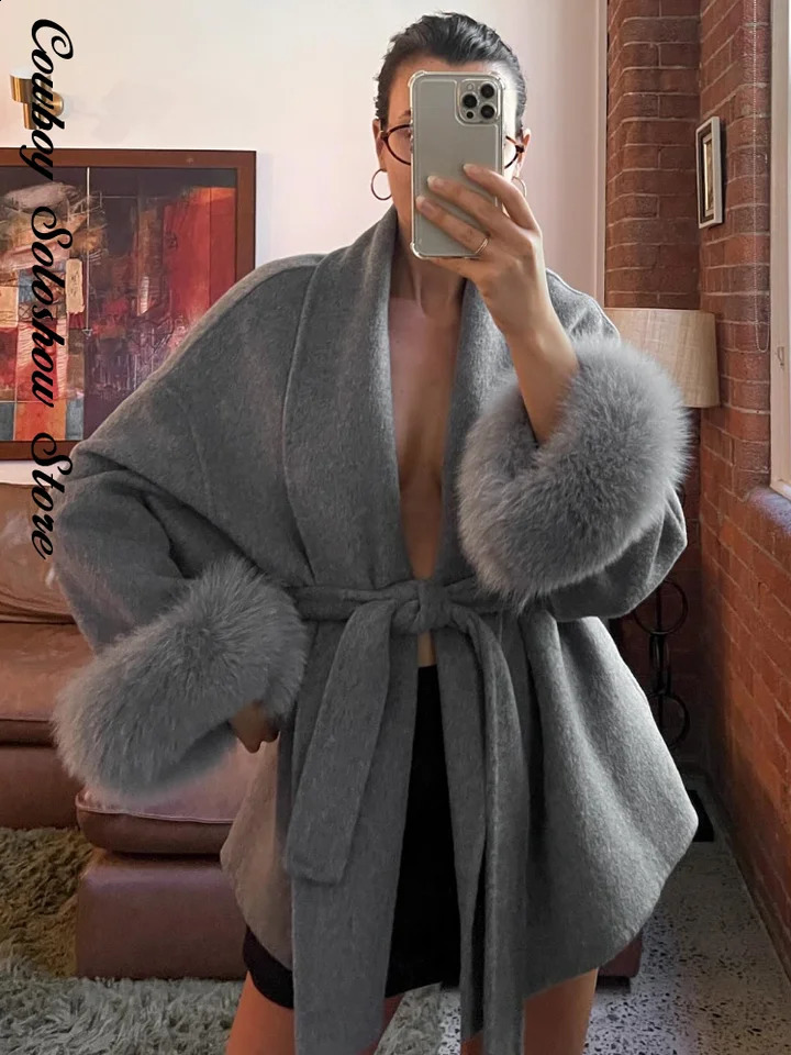 Elegant Lace Up Woolen Short Coat Solid Loose Lapel Furry Belt Long Sleeve Female Jacket 2025 Autumn Winter Lady Chic Cardigan 250903