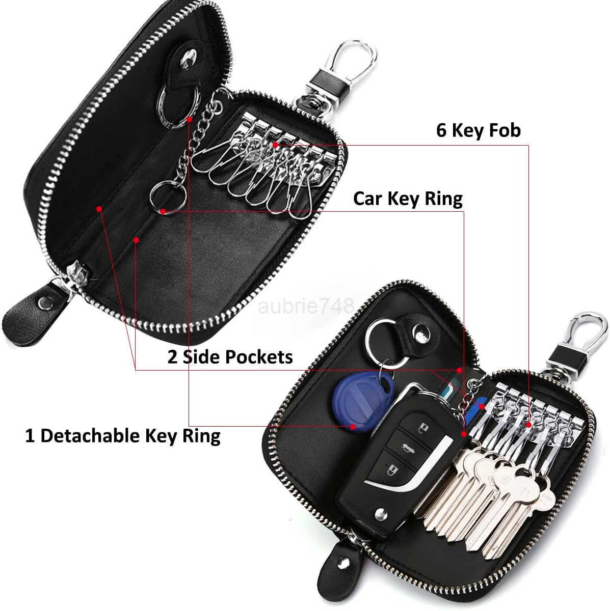 Unisex Mens Womens Premium Leather Car Key Holder Bag Keychain Case Wallet with 6 Hooks Zipper Closure M250904