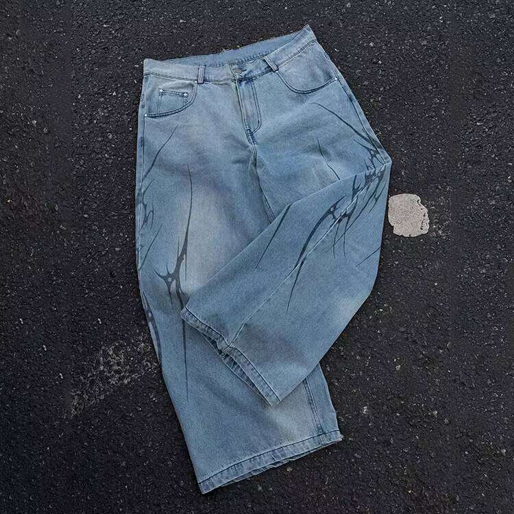 Wide-Leg Printed Denim Sweatpants Oversized Street Style Loose Track Pants Men's Jeans