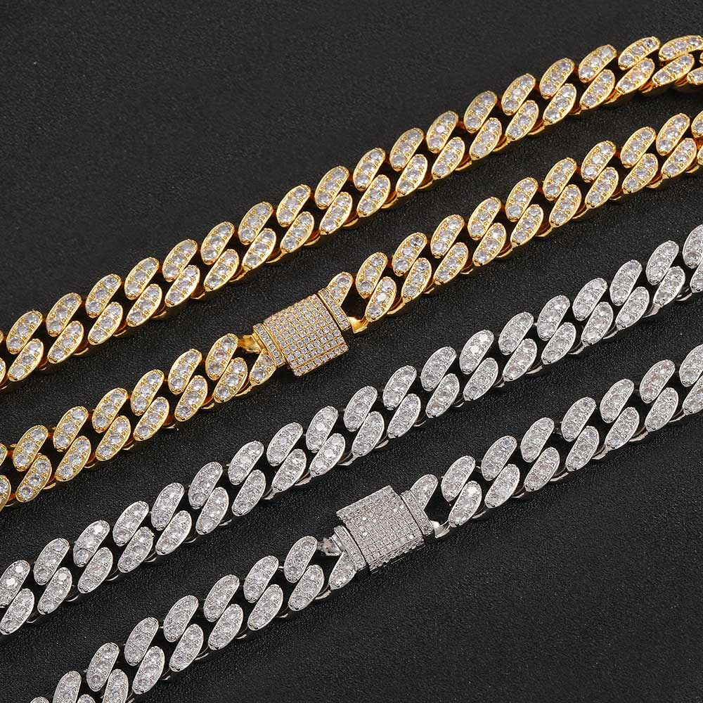 NUOYA 12mm Silver Cuban Link Chain for Women Micro Pave Bling Single Row Moissanite Cuban Link Chain Hip Hop Necklace Jewelry Gift