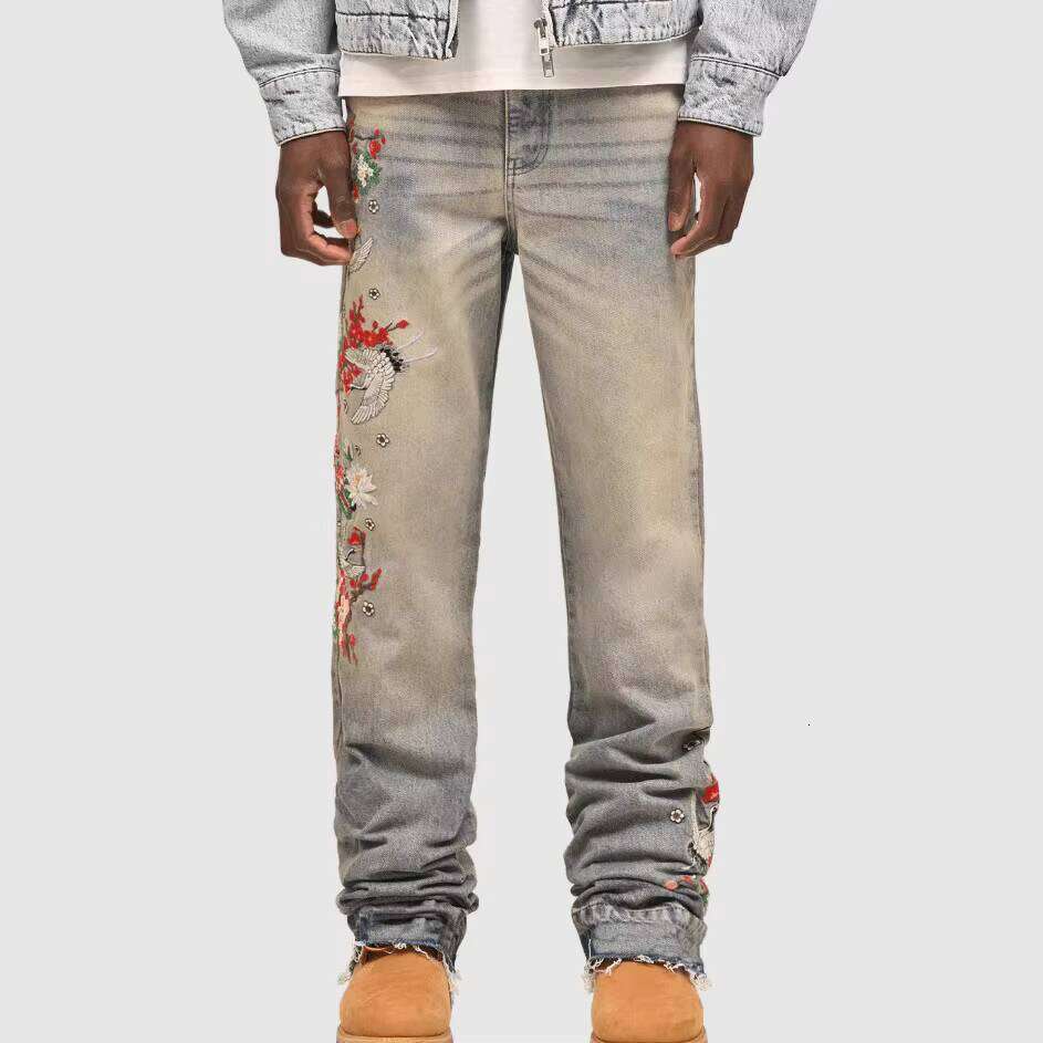 High-Quality Embroidered Printed Men's Washed Loose Jeans Causal Straight Flared Pants Factory