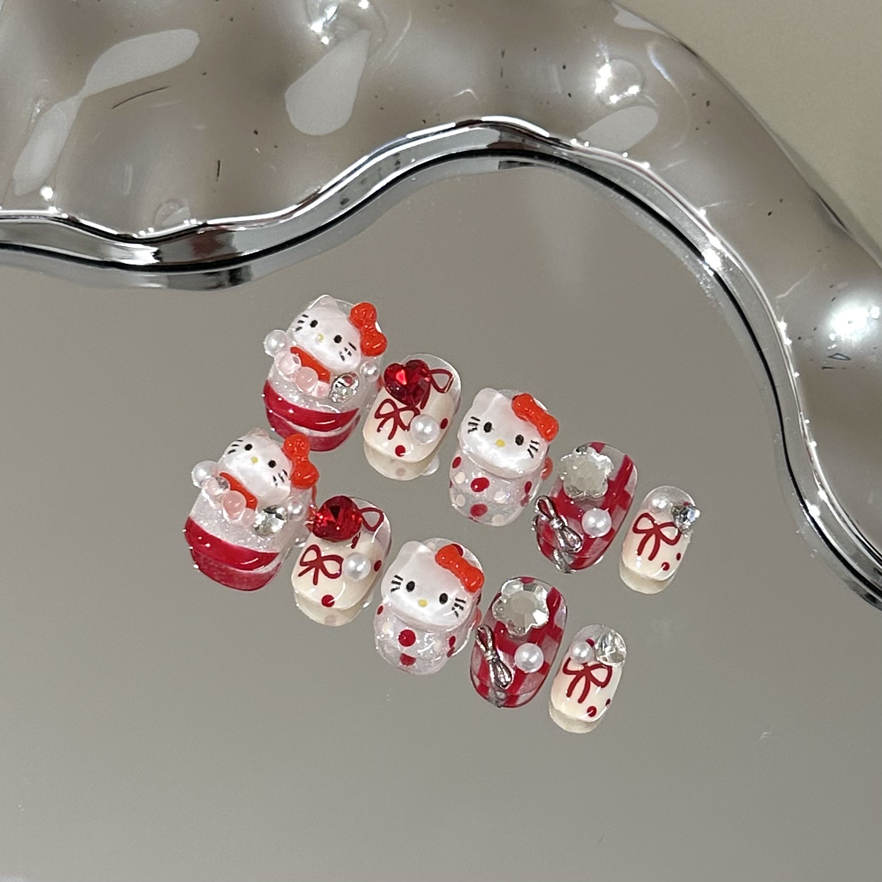 Handmade Press on Nails High end Red French Style with Cartoon Cats, Short Length, Skin-whitening, Cute Adorned with Heart shaped Rhinestones