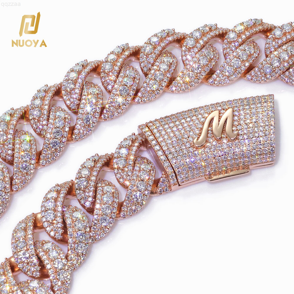 NUOYA Womens 3 Row Cuban Chain 22mm Full Iced Out Moissanite Necklace Rose Gold Plated Hip Hop Fine Jewelry