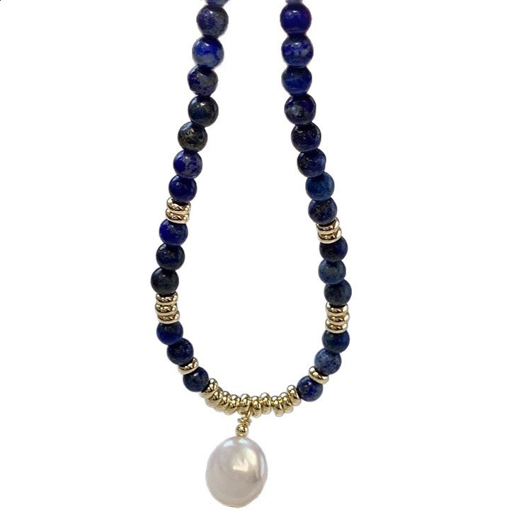 Baroque Button Freshwater Pearl Lapis Lazuli Necklace for Women Elegant Internet Celebrity Klein Blue Glitter Fashion Collarbone Chain