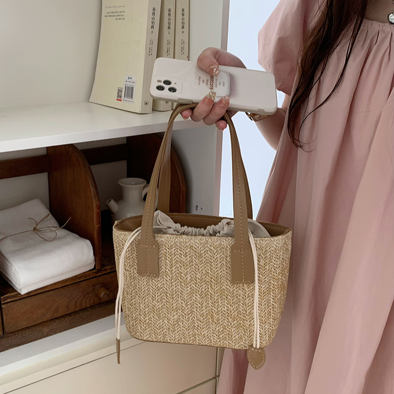 Casual Straw Beach Bag - Handwoven Wicker Bucket with Adjustable Strap for Summer