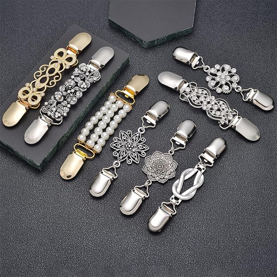 8Pcs Vintage Sweater Shawl Clips Retro Cardigan Collar Shirt Dresses Waist Clip Antique Flowers Pattern Brooch Clip Women