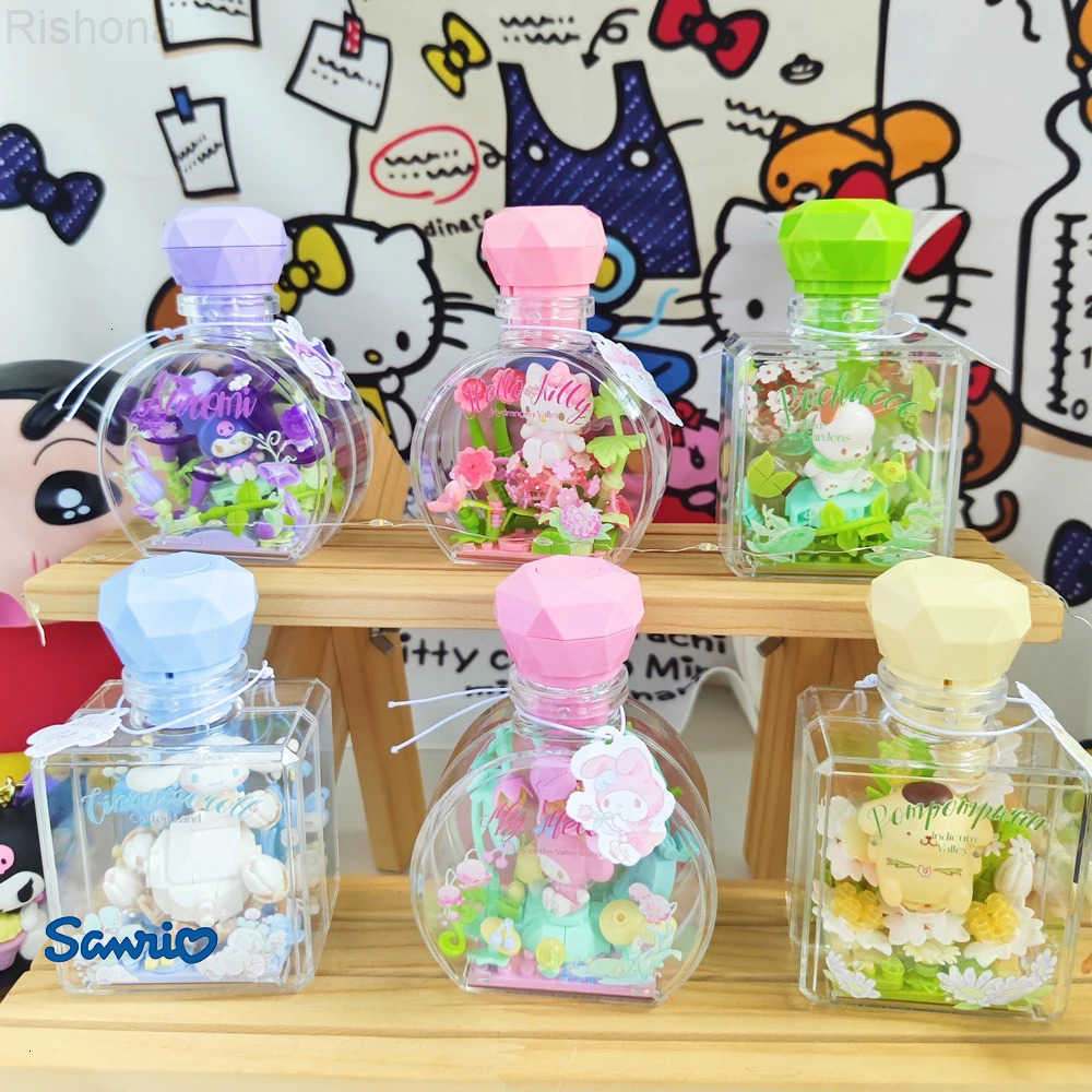 Sanrio Hello Kitty Kuromi Pochacco Perfume Bottle Blind Box Anime Model Peripherals Bricks with Light Ornaments Kids DIY Toy Gift H251104
