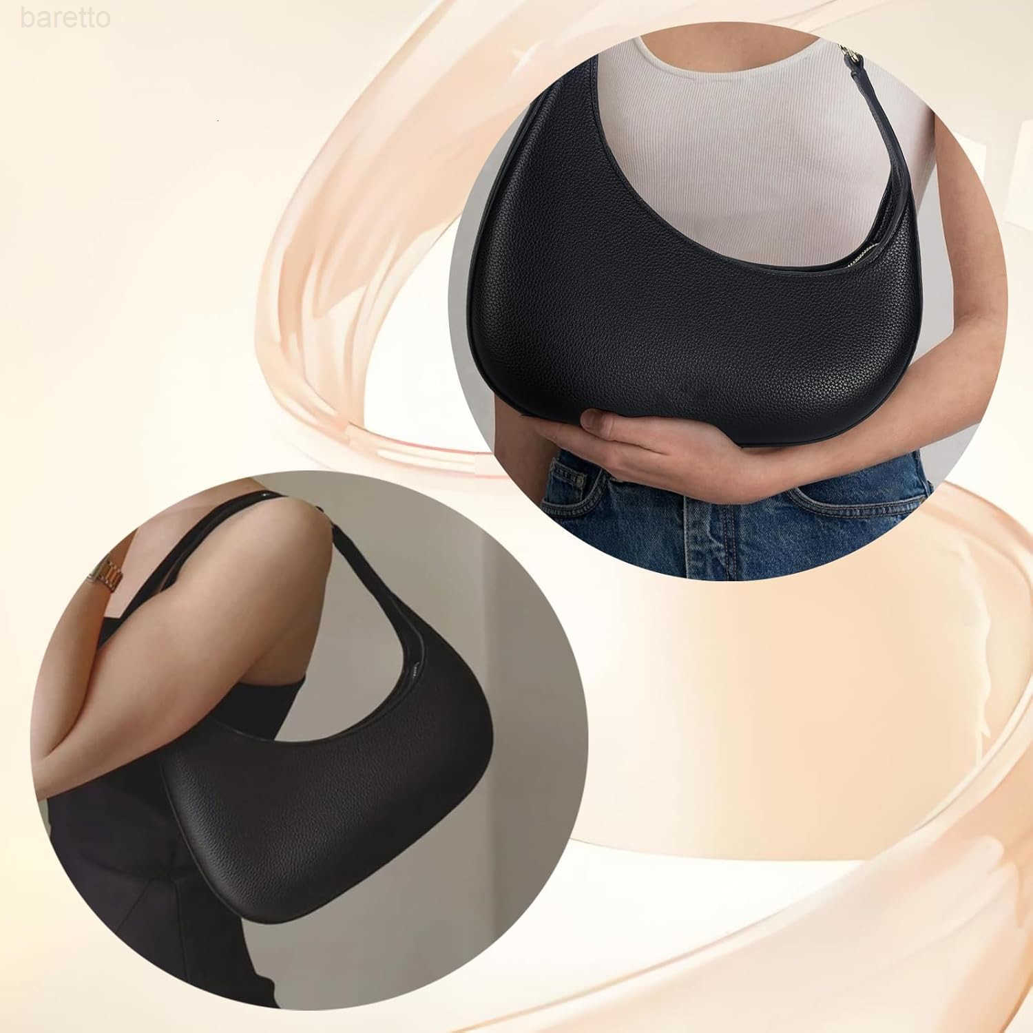 Womens Small Black Leather Shoulder Bag Trendy Lightweight Handbag for WomenStylish Crescent Purse M250903