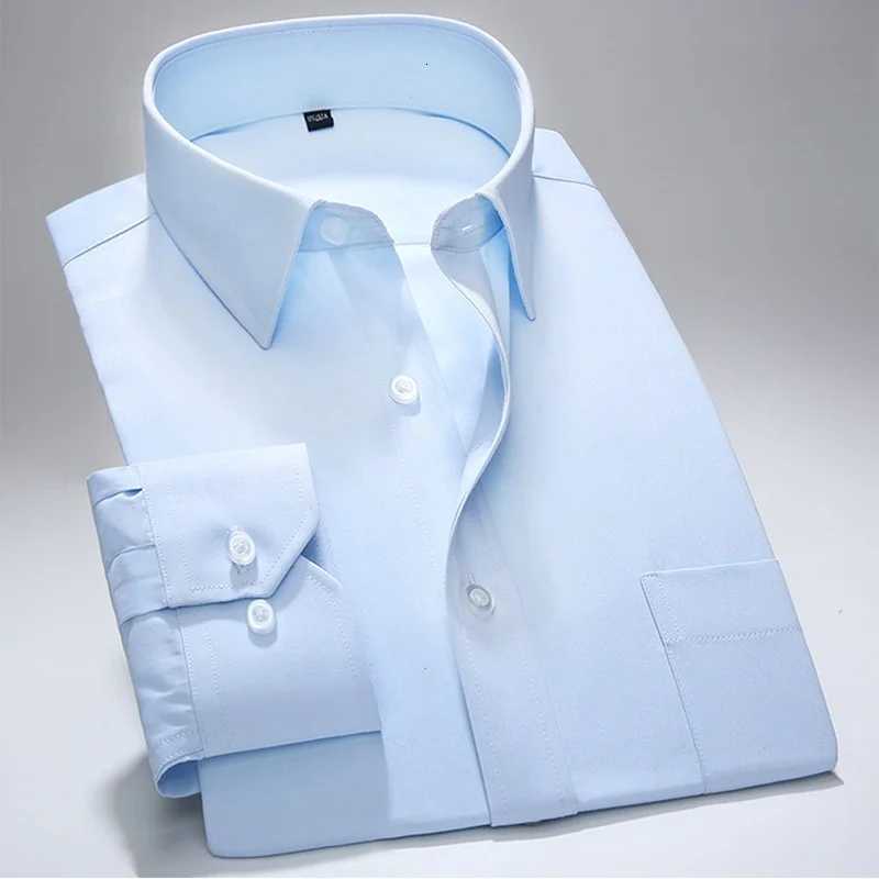 New Men Formal Shirt Long Sleeve Office Solid Color AntiWrinkle Fashion Business Pocket White Social Pocket Blue Shirt S7XL X250903
