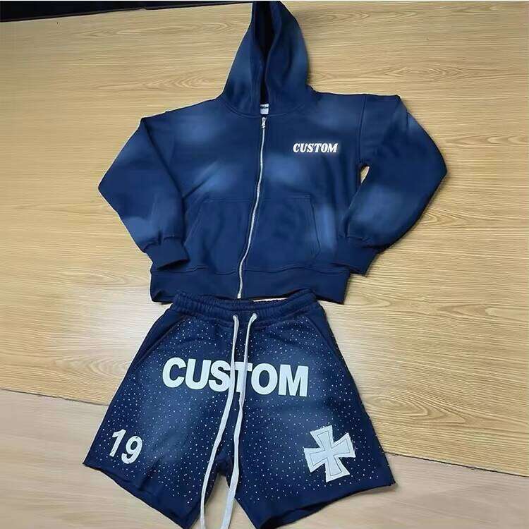 Acid Wash Zipper Rhinestone Shorts Tracksuit Set Oversized Hoodie Heavyweight Loose Sweatpants Factory