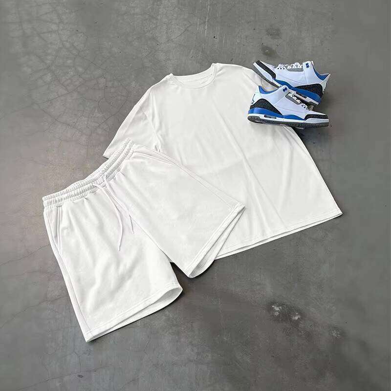 Casual Short Sleeve T-Shirt Men's Long Pants Summer Sports Two-Piece Loose Tracksuit Solid Color Set